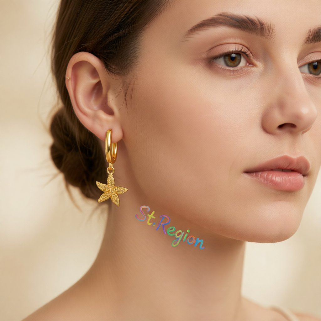 18K Gold-Plated Starfish Huggie Earrings, gold huggie earrings, botanical inspired, styled look