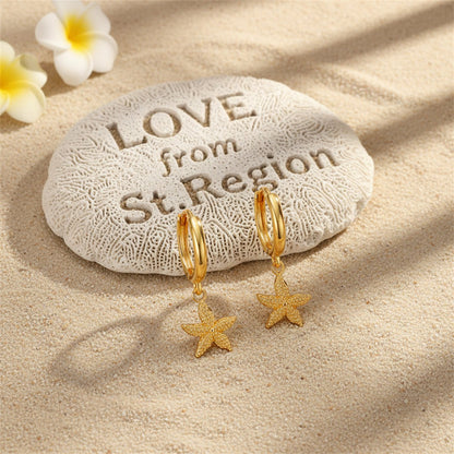 18K Gold-Plated Starfish Huggie Earrings, gold huggie earrings, botanical inspired, lifestyle look
