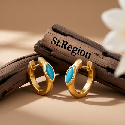Blue Resin and 18K Gold-Plated Marquise-Cut Huggie Earrings, gold huggie earrings, botanical inspired, front view