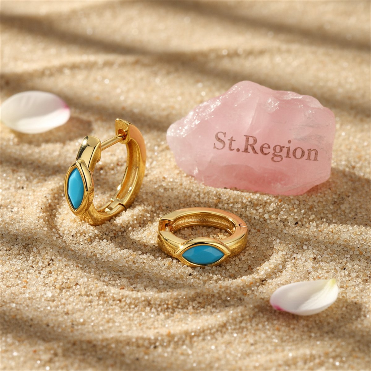 Blue Resin and 18K Gold-Plated Marquise-Cut Huggie Earrings, gold huggie earrings, botanical inspired, detail close-up