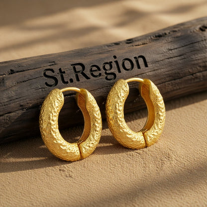 18K Gold-Plated Rugged Huggie Earrings, gold huggie earrings, vintage-inspired design, front view