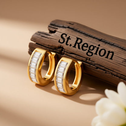 Crystal and 18K Gold-Plated Huggie Earrings, gold huggie earrings, vintage-inspired design, front view
