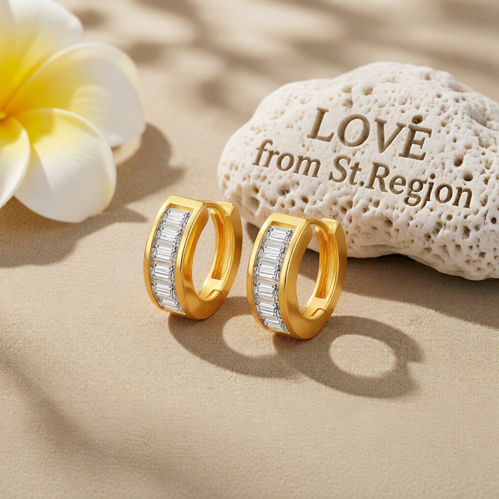 Crystal and 18K Gold-Plated Huggie Earrings, gold huggie earrings, vintage-inspired design, lifestyle look