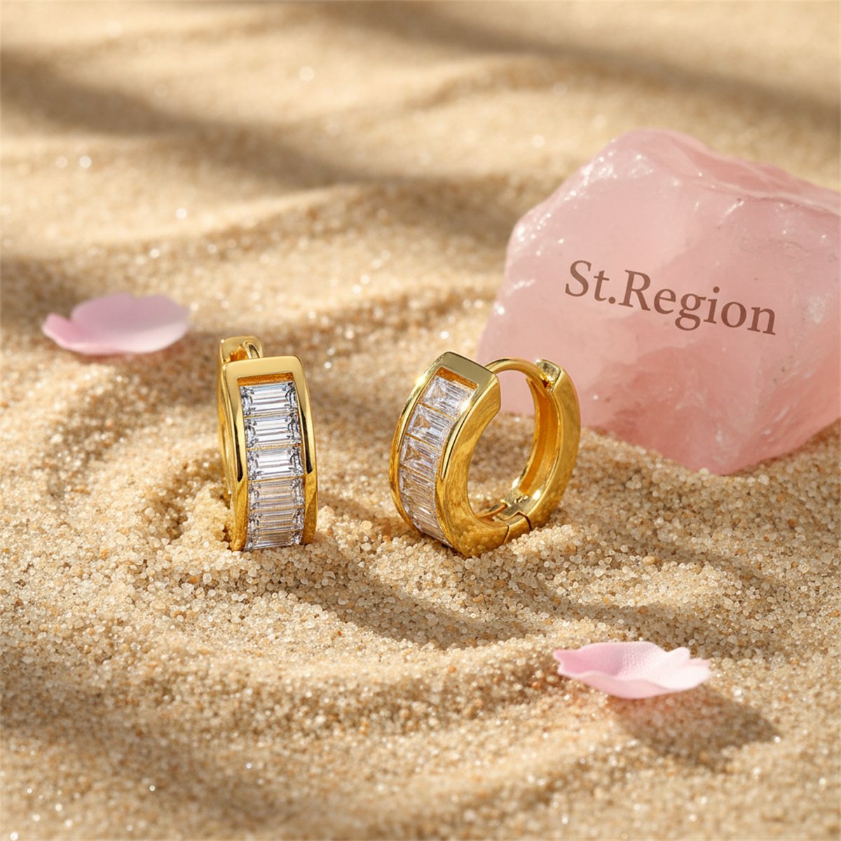 Crystal and 18K Gold-Plated Huggie Earrings, gold huggie earrings, vintage-inspired design, detail close-up