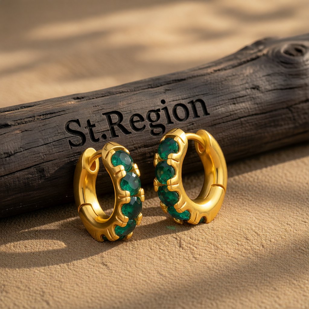 Green Cubic Zirconia and 18K Gold-Plated Huggie Earrings, gold huggie earrings, elegant gift for her, front view