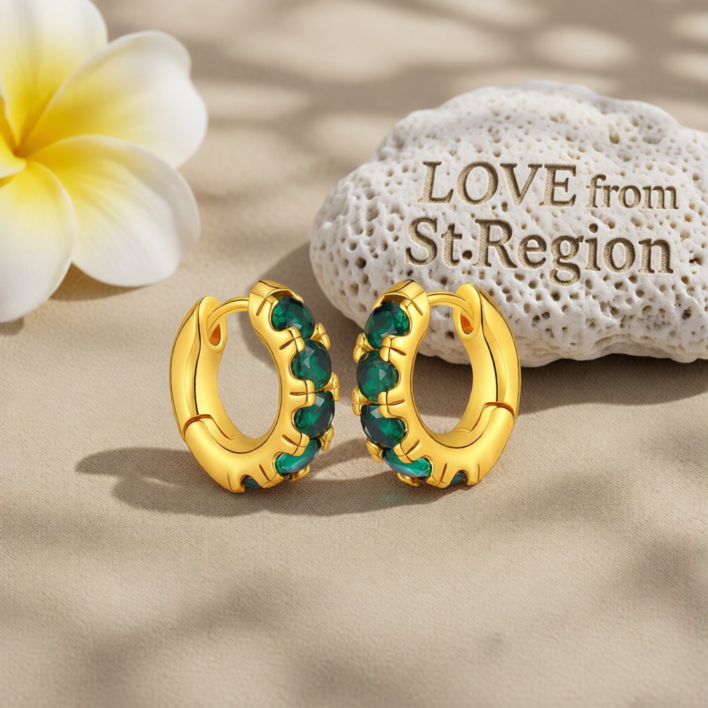 Green Cubic Zirconia and 18K Gold-Plated Huggie Earrings, gold huggie earrings, elegant gift for her, lifestyle look