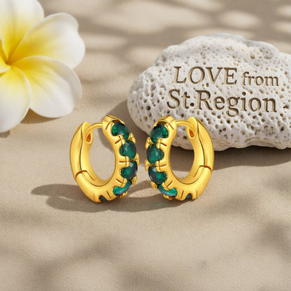 Green Cubic Zirconia and 18K Gold-Plated Huggie Earrings, gold huggie earrings, elegant gift for her, lifestyle look