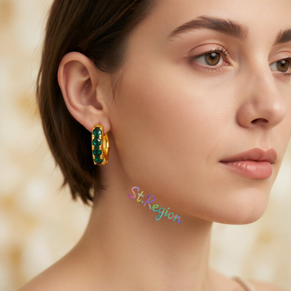 Green Cubic Zirconia and 18K Gold-Plated Huggie Earrings, gold huggie earrings, elegant gift for her, styled look