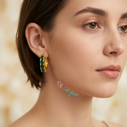 Green Cubic Zirconia and 18K Gold-Plated Huggie Earrings, gold huggie earrings, elegant gift for her, styled look