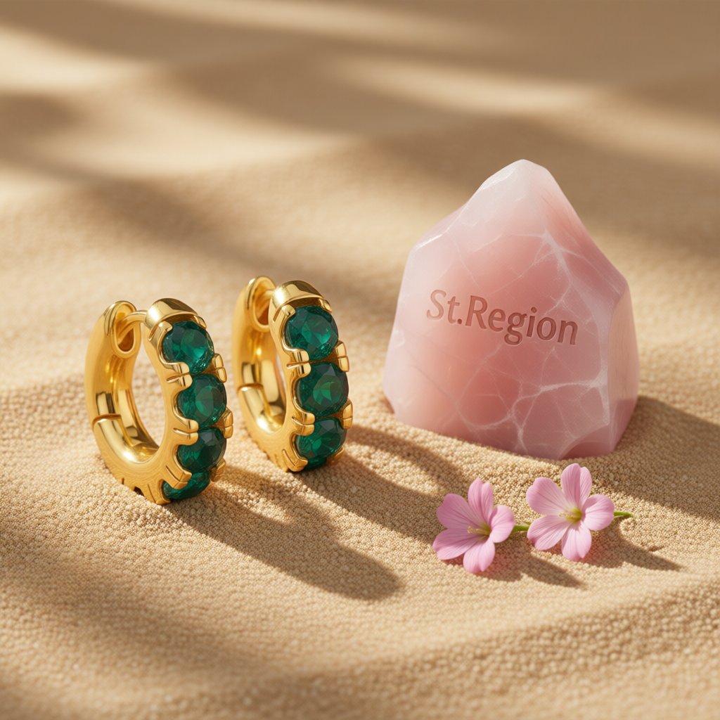 Green Cubic Zirconia and 18K Gold-Plated Huggie Earrings, gold huggie earrings, elegant gift for her, detail close-up