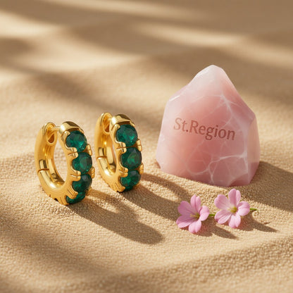 Green Cubic Zirconia and 18K Gold-Plated Huggie Earrings, gold huggie earrings, elegant gift for her, detail close-up