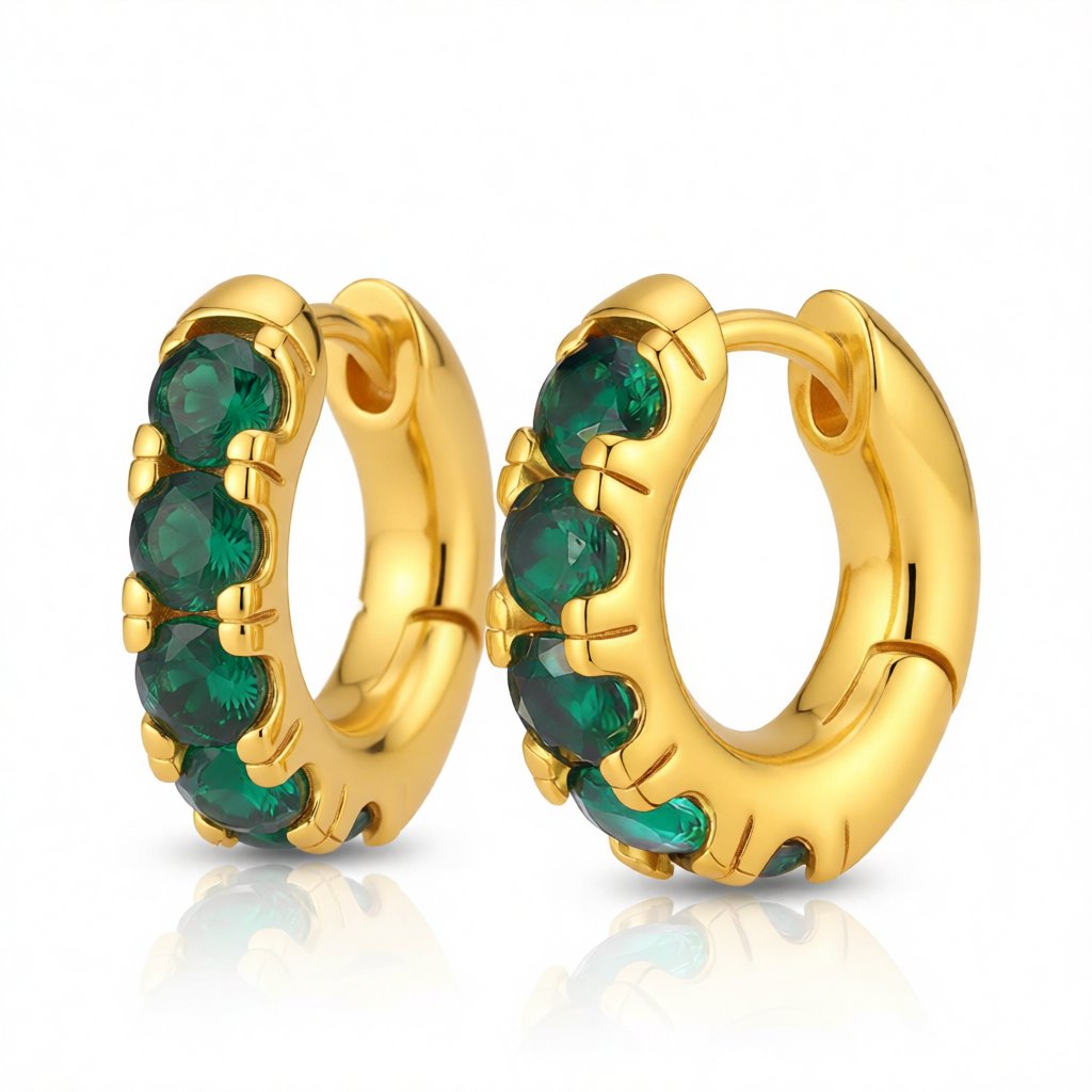 Green Cubic Zirconia and 18K Gold-Plated Huggie Earrings, gold huggie earrings, elegant gift for her, side view