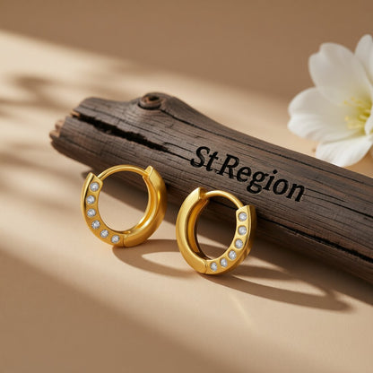 Cubic Zirconia and 18K Gold-Plated Huggie Earrings, gold huggie earrings, dainty minimalist design, front view
