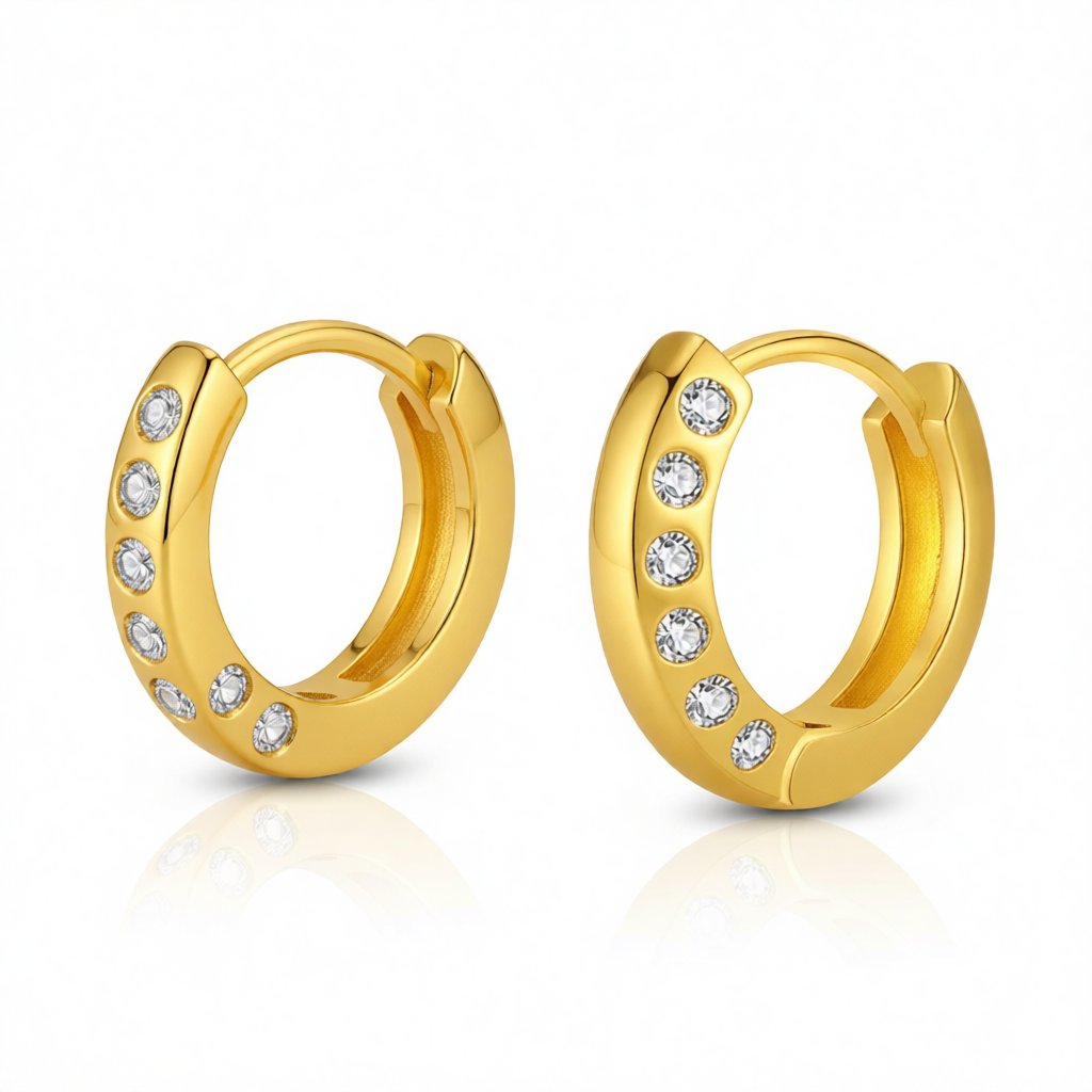 Cubic Zirconia and 18K Gold-Plated Huggie Earrings, gold huggie earrings, dainty minimalist design, side view