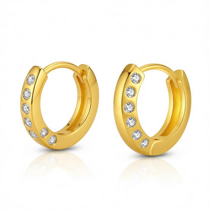 Cubic Zirconia and 18K Gold-Plated Huggie Earrings, gold huggie earrings, dainty minimalist design, side view