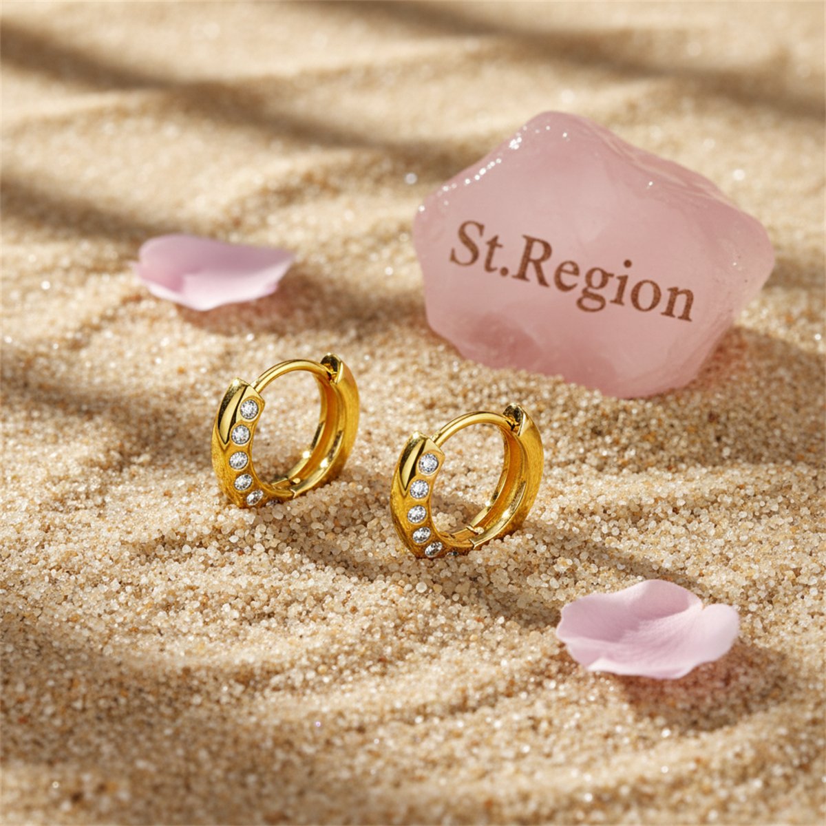 Cubic Zirconia and 18K Gold-Plated Huggie Earrings, gold huggie earrings, dainty minimalist design, detail close-up