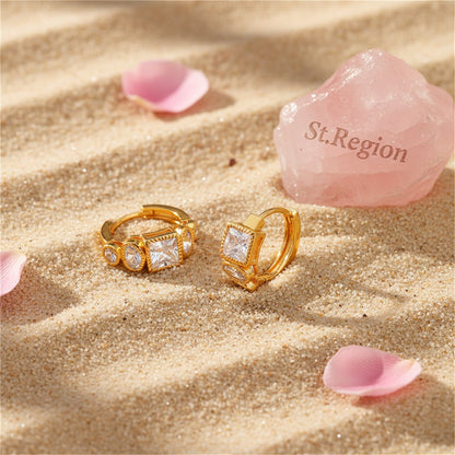 Cubic Zirconia and 18K Gold-Plated Huggie Earrings, gold huggie earrings, elegant gift for her, detail close-up