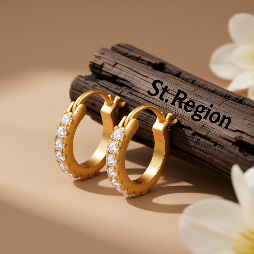 Cubic Zirconia and 18K Gold-Plated Huggie Earrings, gold huggie earrings, vintage-inspired design, front view