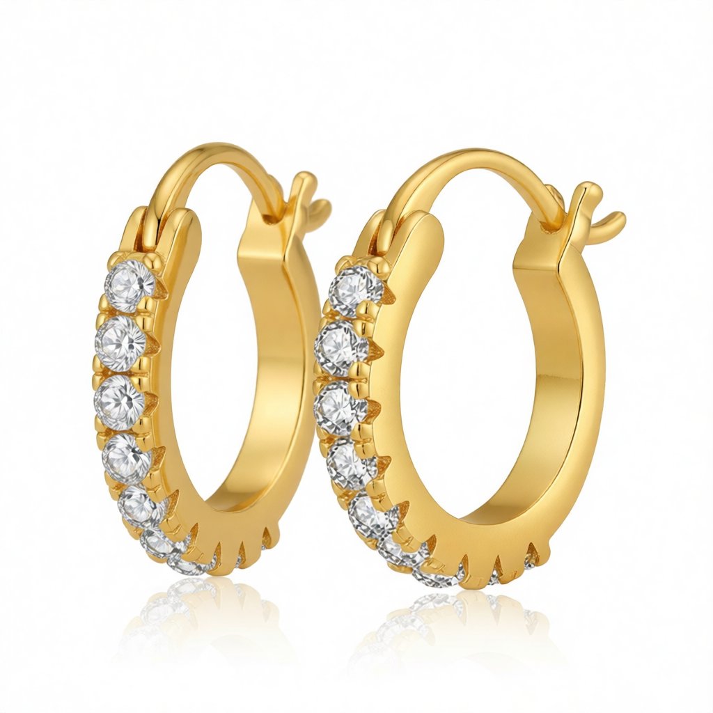 Cubic Zirconia and 18K Gold-Plated Huggie Earrings, gold huggie earrings, vintage-inspired design, side view