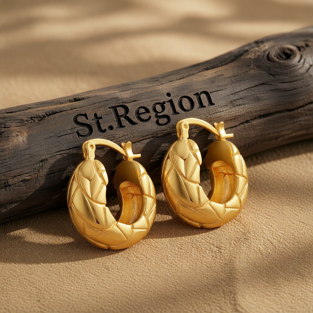 18K Gold-Plated Geometric-Cut Huggie Hoop Earrings, gold huggie earrings, elegant gift for her, front view