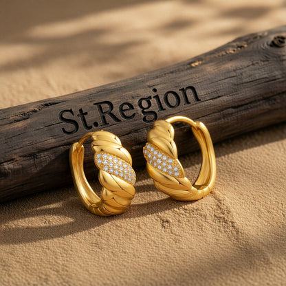 Cubic Zirconia and 18K Gold-Plated Wave Huggie Hoop Earrings, gold huggie earrings, dainty minimalist design, front view
