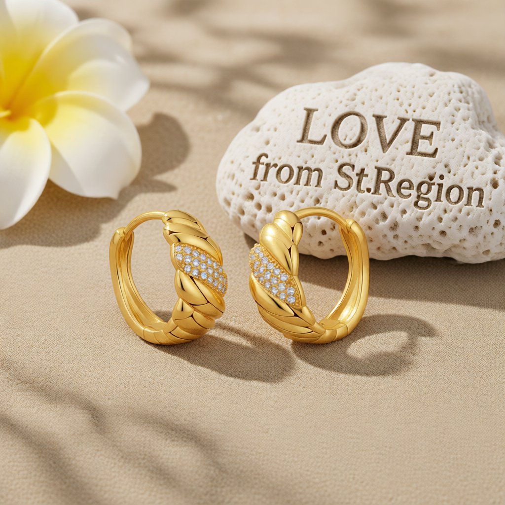 Cubic Zirconia and 18K Gold-Plated Wave Huggie Hoop Earrings, gold huggie earrings, dainty minimalist design, lifestyle look