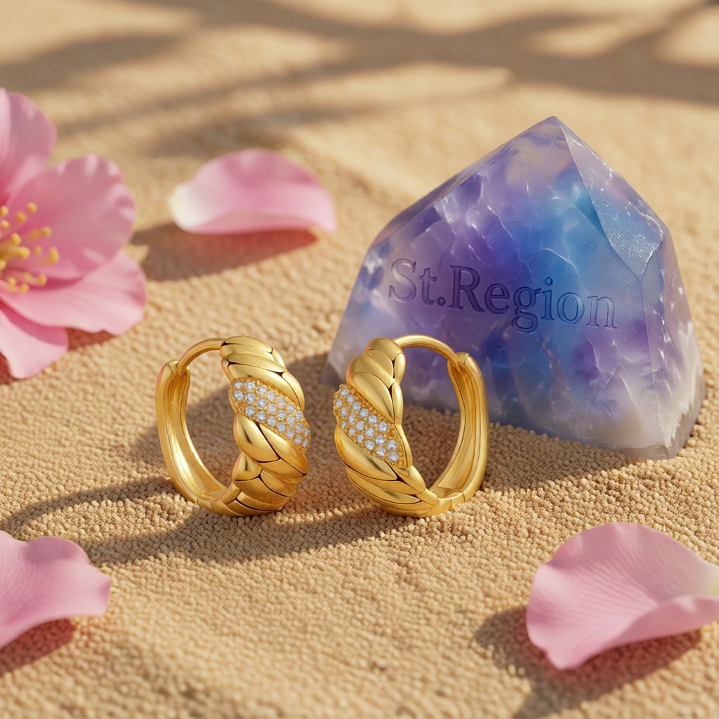 Cubic Zirconia and 18K Gold-Plated Wave Huggie Hoop Earrings, gold huggie earrings, dainty minimalist design, detail close-up