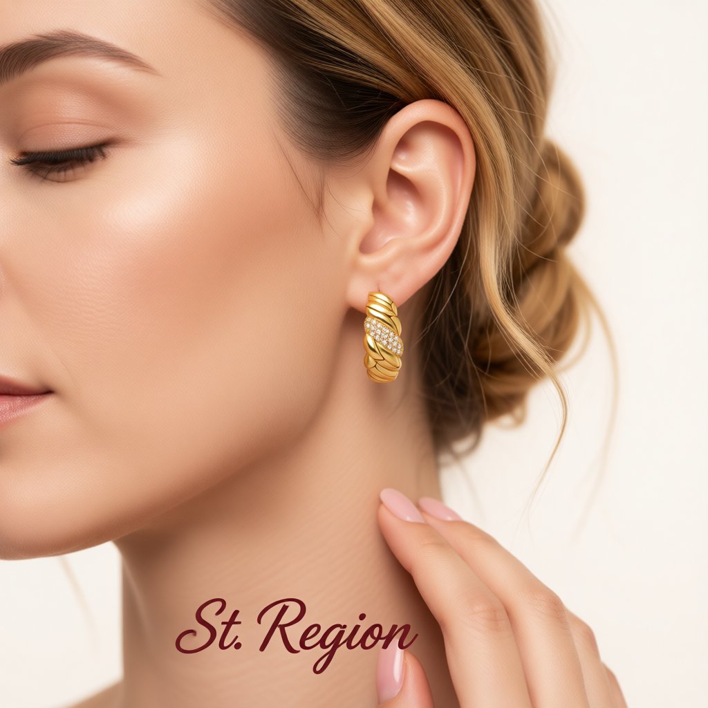 Cubic Zirconia and 18K Gold-Plated Wave Huggie Hoop Earrings, gold huggie earrings, dainty minimalist design, styled look