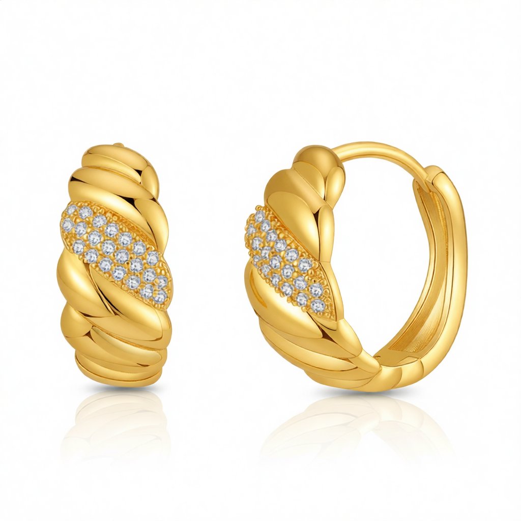 Cubic Zirconia and 18K Gold-Plated Wave Huggie Hoop Earrings, gold huggie earrings, dainty minimalist design, side view