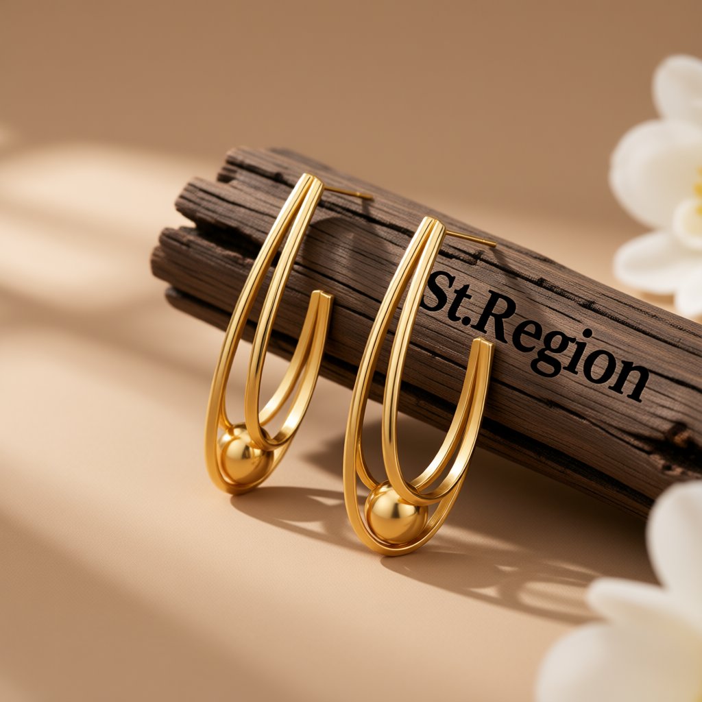 18K Gold-Plated U-Shape Ball Huggie Earrings, gold huggie earrings, everyday style, front view