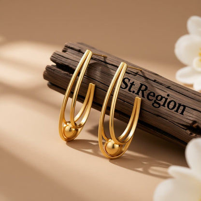 18K Gold-Plated U-Shape Ball Huggie Earrings, gold huggie earrings, everyday style, front view