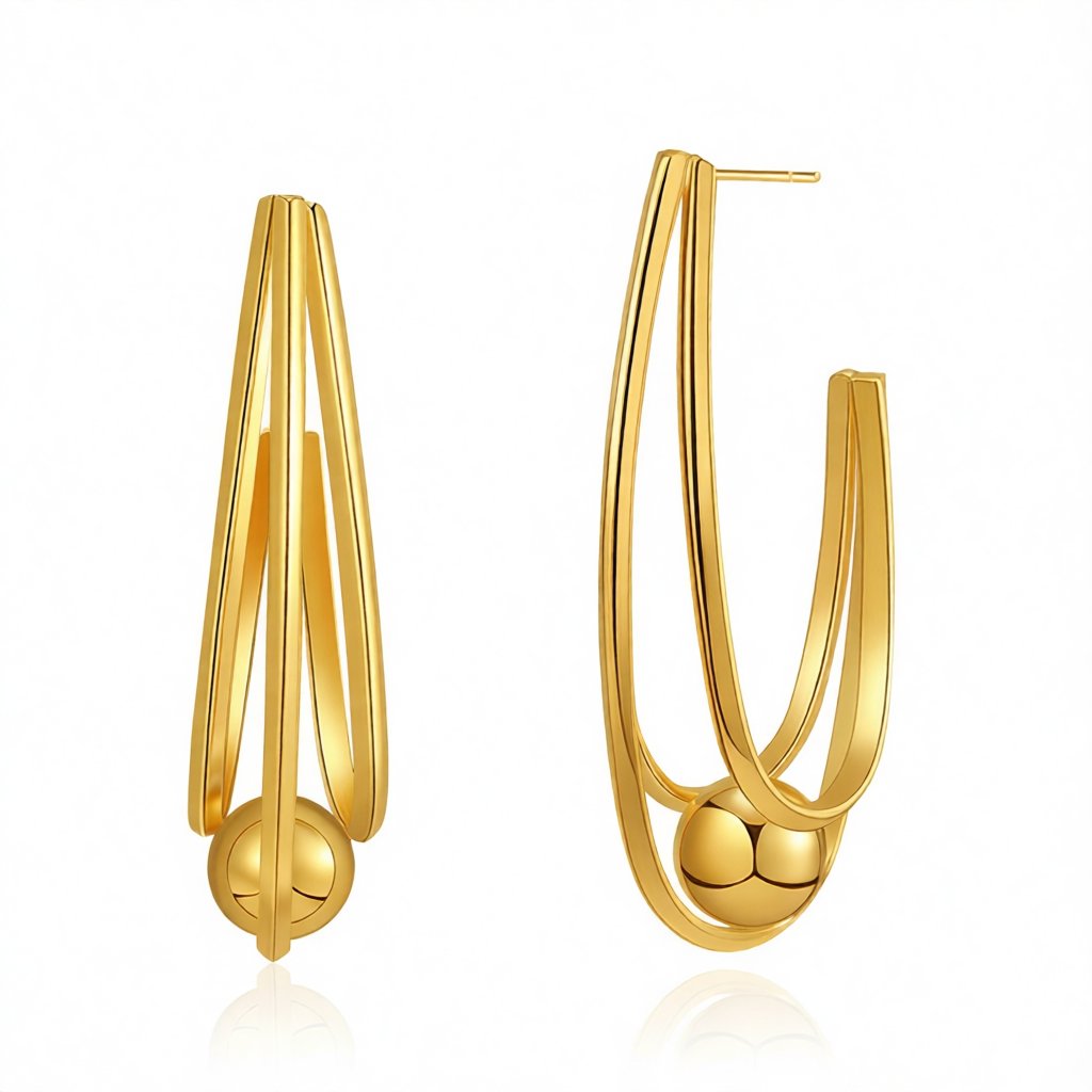 18K Gold-Plated U-Shape Ball Huggie Earrings, gold huggie earrings, everyday style, side view