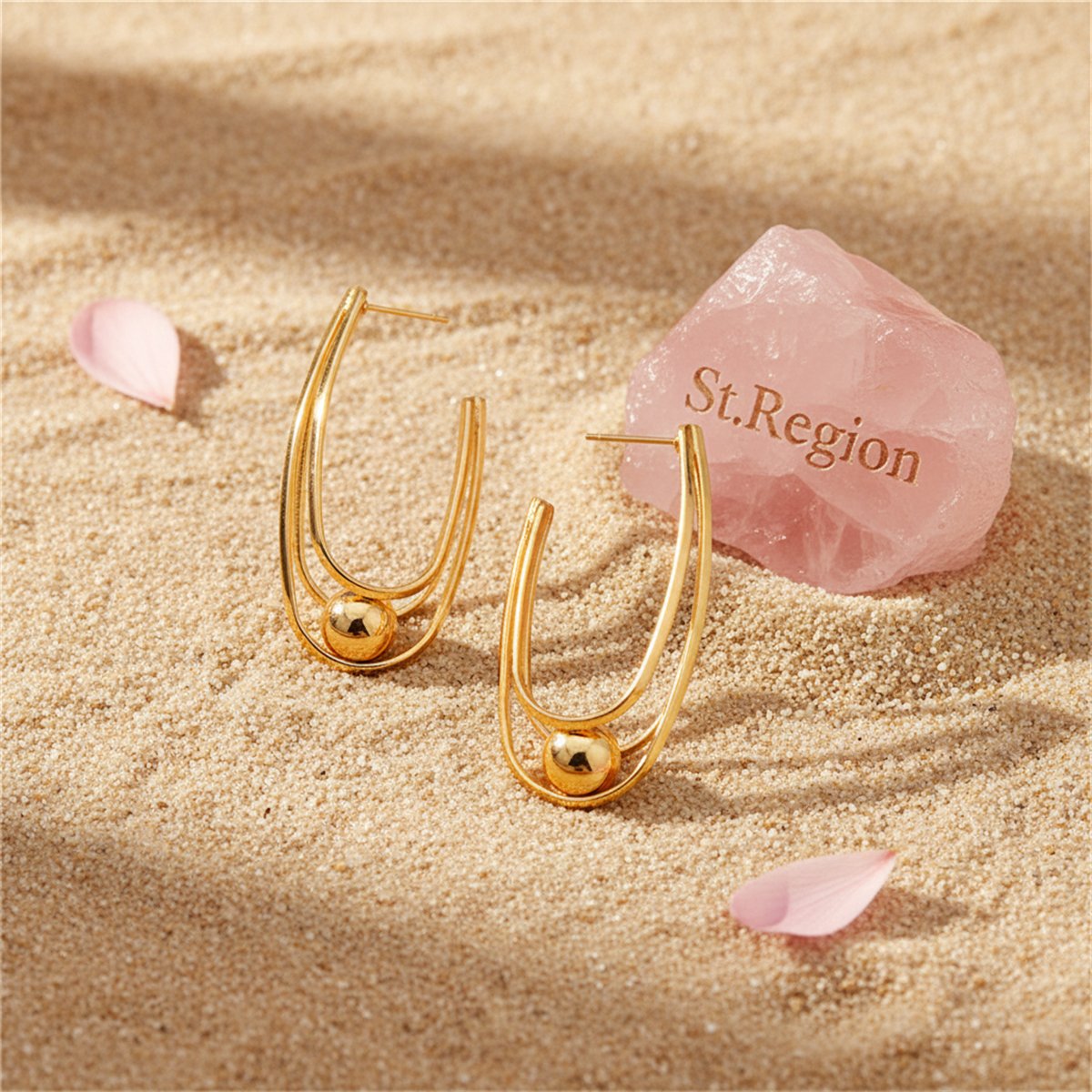 18K Gold-Plated U-Shape Ball Huggie Earrings, gold huggie earrings, everyday style, detail close-up