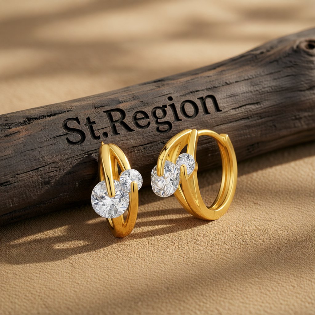 Cubic Zirconia and 18K Gold-Plated Huggie Earrings, gold huggie earrings, everyday style, front view