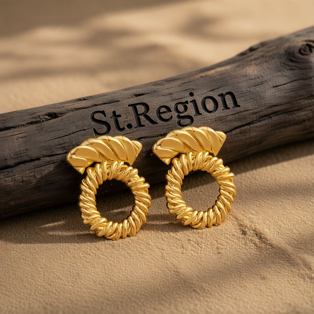18K Gold-Plated Twine Round Stud Earrings, gold stud earrings for women, vintage-inspired design, front view