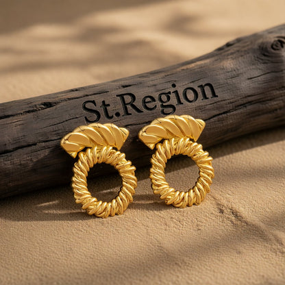 18K Gold-Plated Twine Round Stud Earrings, gold stud earrings for women, vintage-inspired design, front view