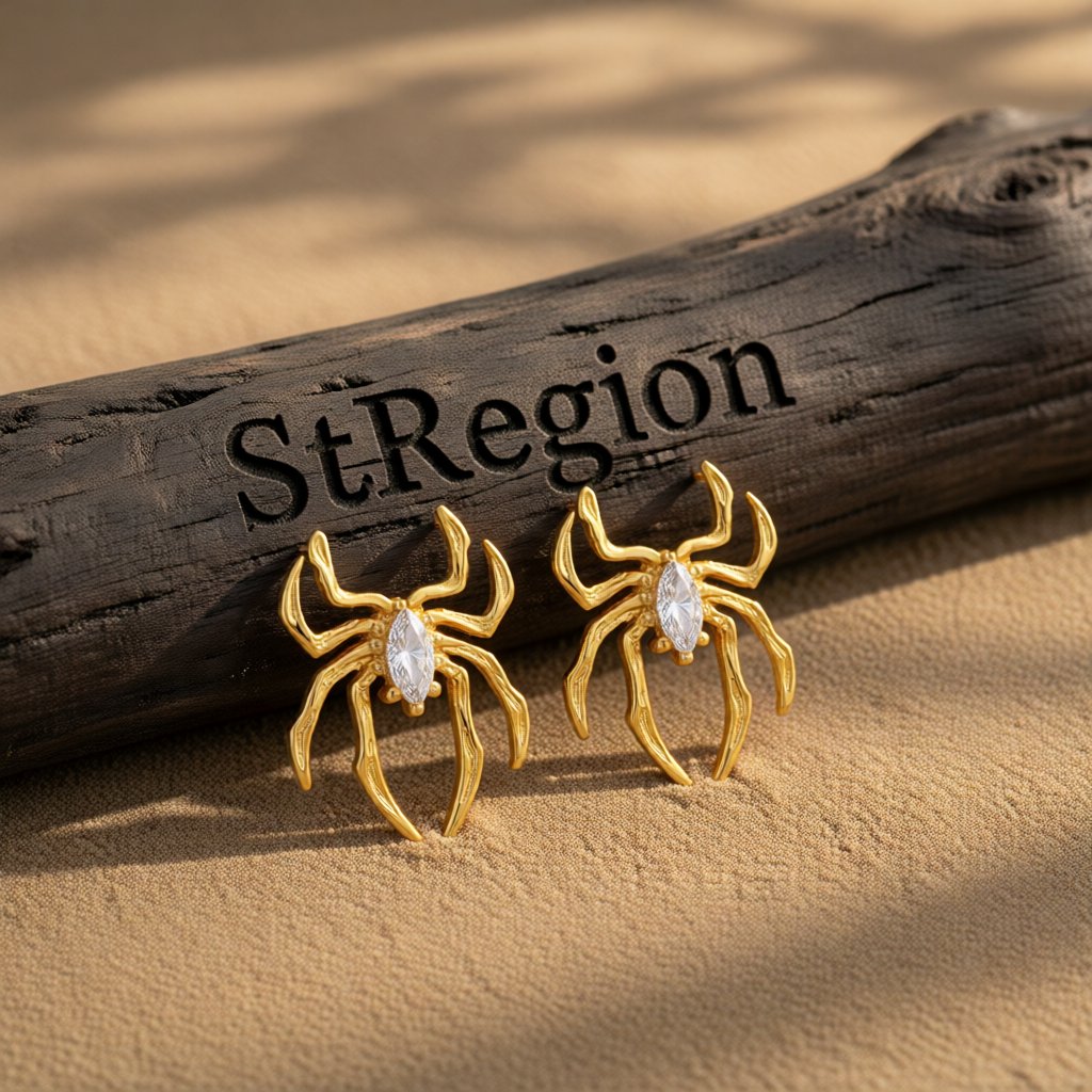 Clear Crystal and 18K Gold-Plated Spider Stud Earrings, gold stud earrings for women, elegant gift for her, front view