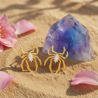 Clear Crystal and 18K Gold-Plated Spider Stud Earrings, gold stud earrings for women, elegant gift for her, detail close-up