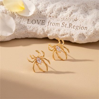 Clear Crystal and 18K Gold-Plated Spider Stud Earrings, gold stud earrings for women, elegant gift for her, lifestyle look