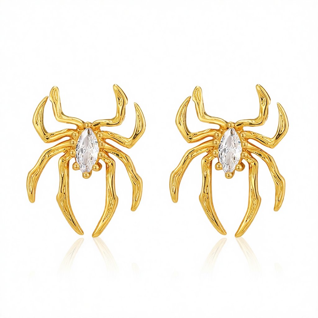 Clear Crystal and 18K Gold-Plated Spider Stud Earrings, gold stud earrings for women, elegant gift for her, side view