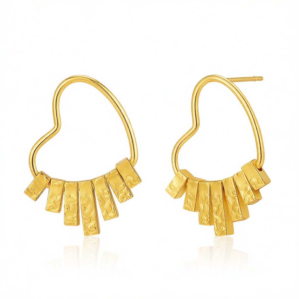 18K Gold-Plated Textured Heart Dangle Earrings, gold drop earrings for women, elegant gift for her, side view