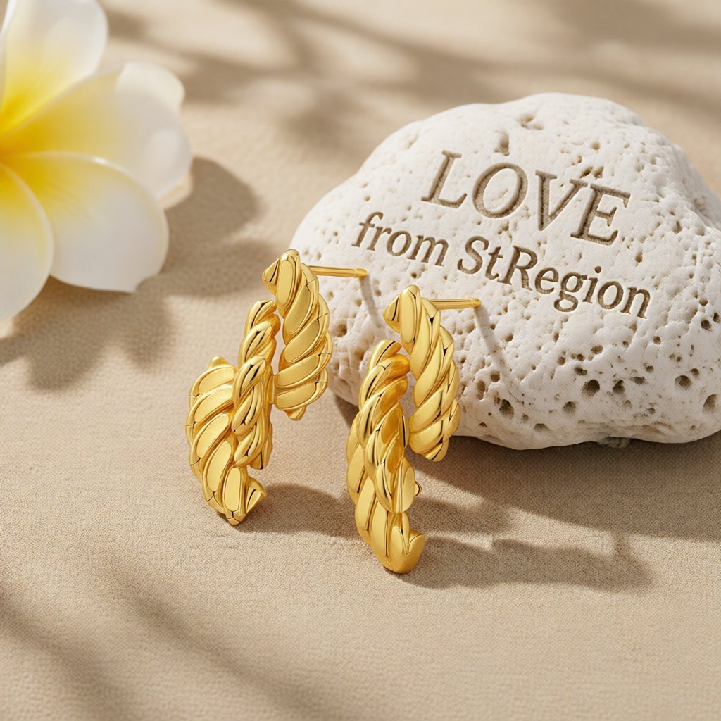 18K Gold-Plated Twine Twist Stud Earrings, gold stud earrings for women, dainty minimalist design, lifestyle look