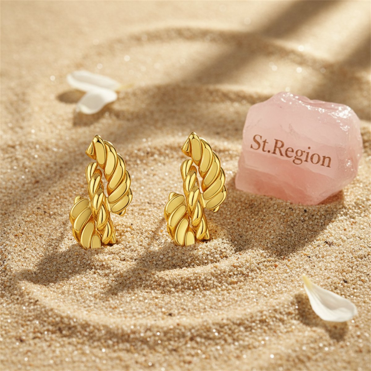 18K Gold-Plated Twine Twist Stud Earrings, gold stud earrings for women, dainty minimalist design, detail close-up