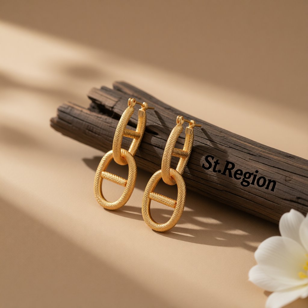 18K Gold-Plated Textured Chain Drop Earring, gold huggie earrings, dainty minimalist design, front view