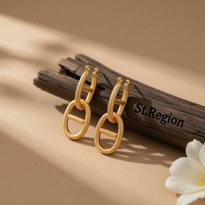18K Gold-Plated Textured Chain Drop Earring, gold huggie earrings, dainty minimalist design, front view