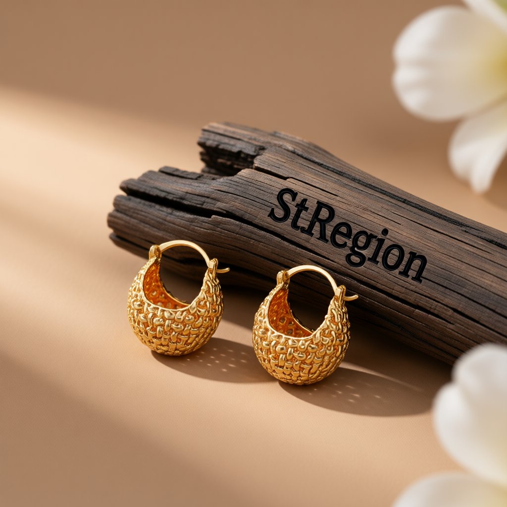 18K Gold-Plated Basket Huggie Earrings, gold huggie earrings, elegant gift for her, front view
