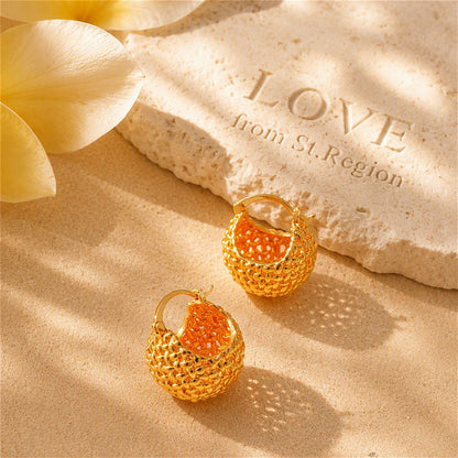 18K Gold-Plated Basket Huggie Earrings, gold huggie earrings, elegant gift for her, lifestyle look