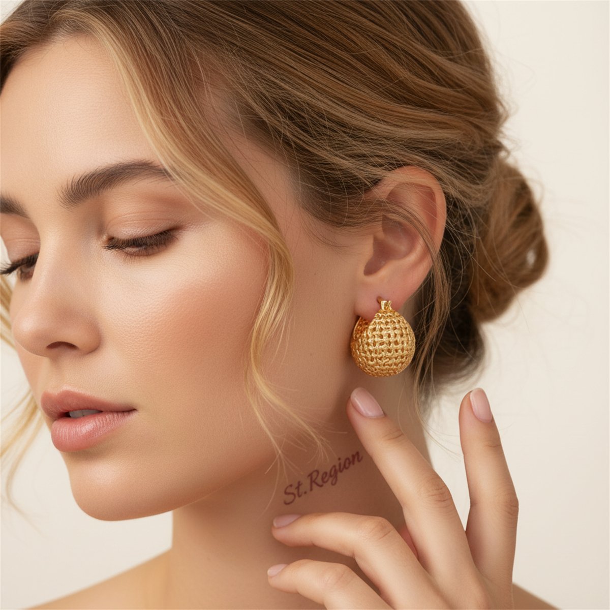 18K Gold-Plated Basket Huggie Earrings, gold huggie earrings, elegant gift for her, styled look
