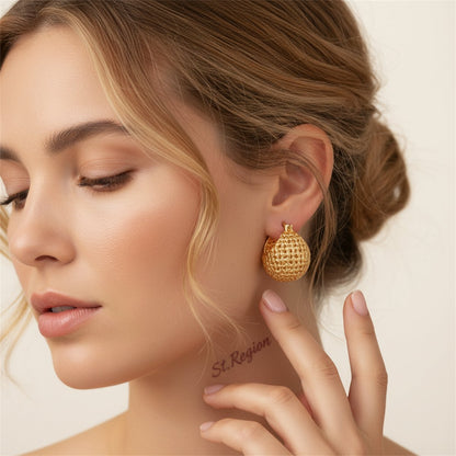 18K Gold-Plated Basket Huggie Earrings, gold huggie earrings, elegant gift for her, styled look