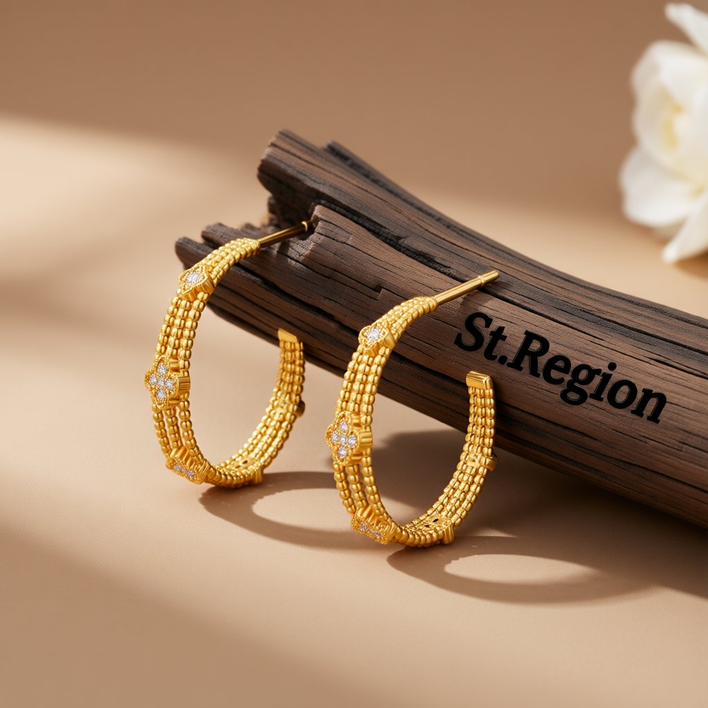 Clear Cubic Zirconia and 18K Gold-Plated Flower Bead Huggie Earrings, gold huggie earrings, front view